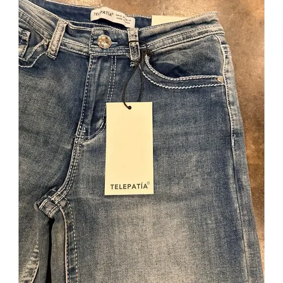 Telepatía Mid-Rise, Wide-Leg Denim Stretch Embellished Jeans Women’s 9/29 Skull - Picture 4 of 12